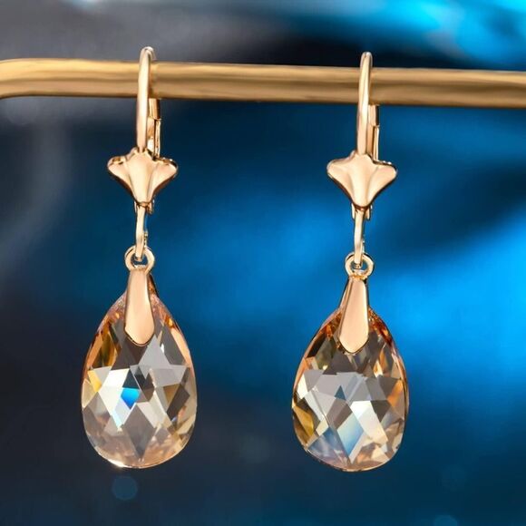 14K Yellow Gold and Champagne Topaz Austrian Crystal Teardrop Leverback Earrings - Picture 4 of 6